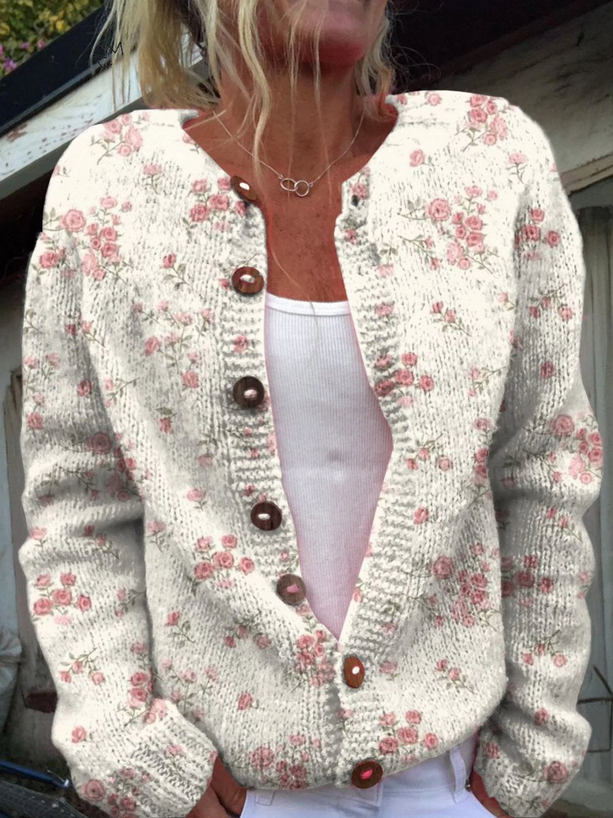 Lila-Up Sweater with Pink Rose Floret Print