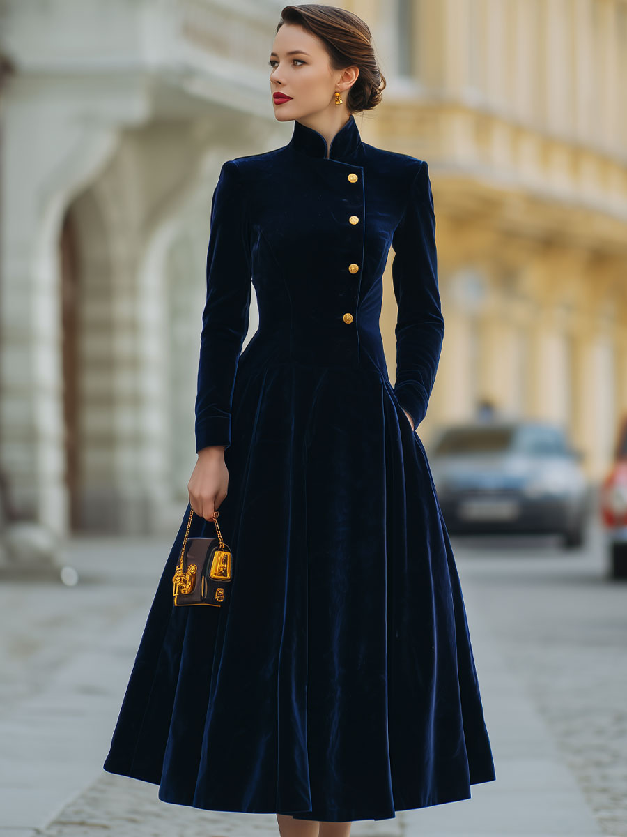 Valeria | Velvet A-Line Gold Dress