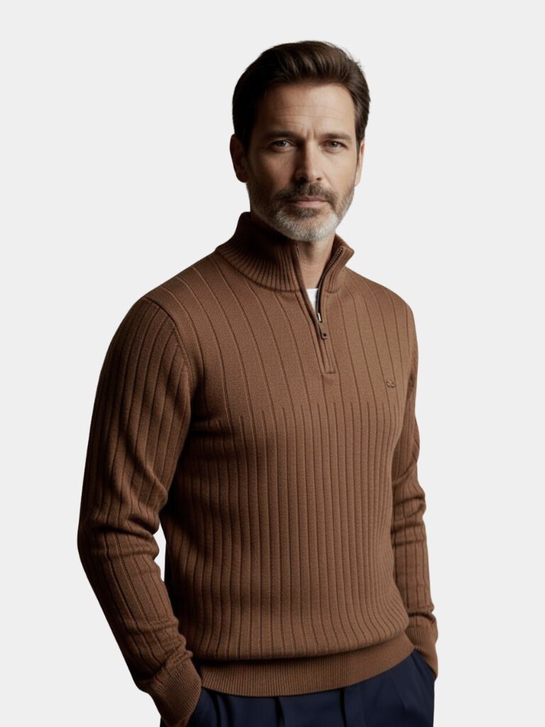 Daxon | Cotton Knit Vertical Stripes Quarter-Zip Sweater