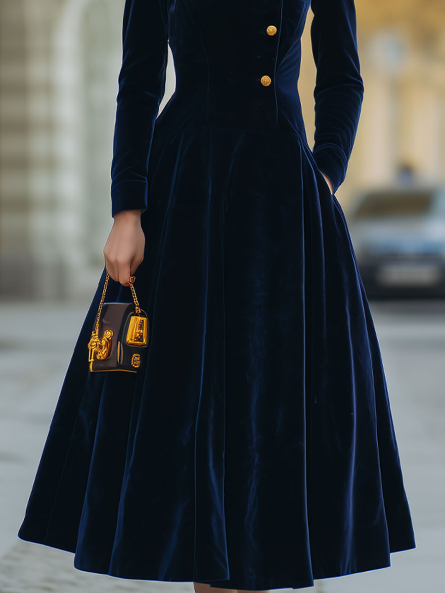Valeria | Velvet A-Line Gold Dress