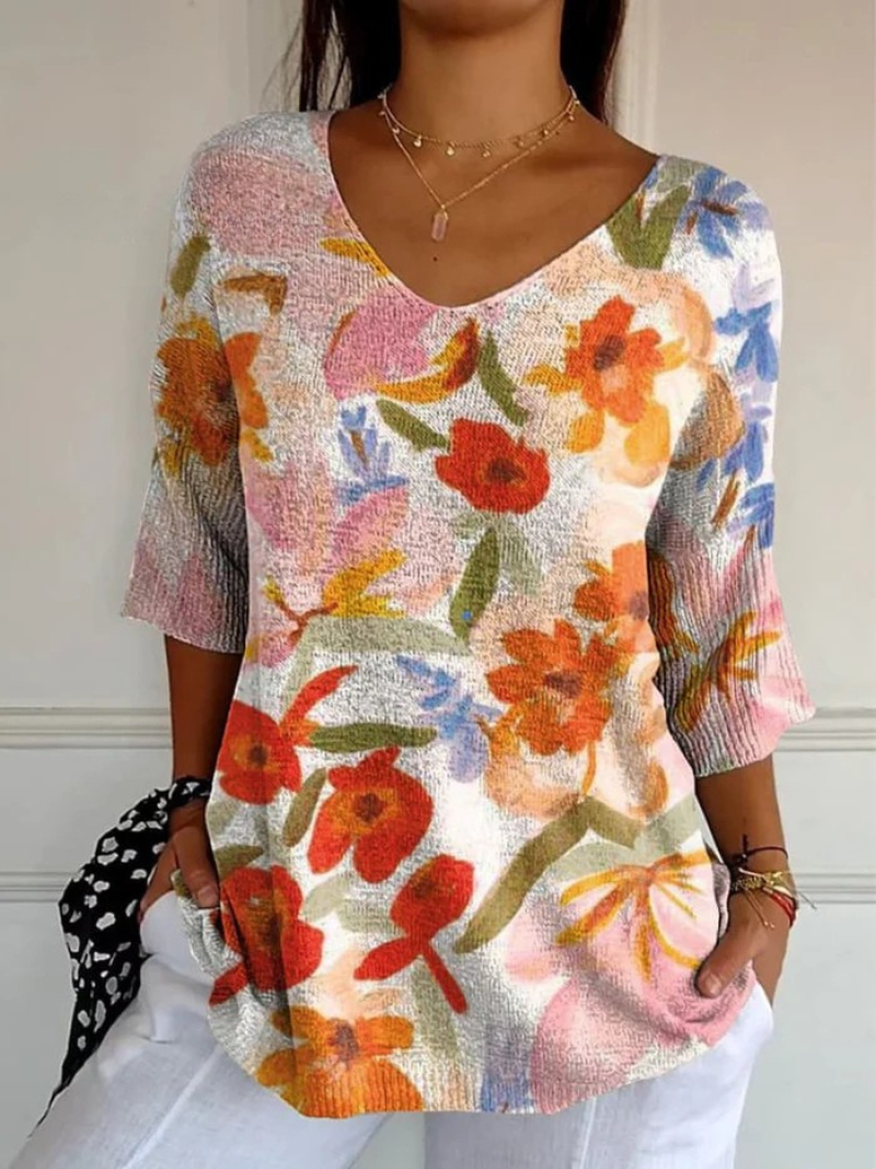 Linda | Retro Floral Design Casual Knit Pullover