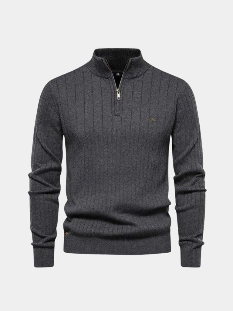 Daxon | Cotton Knit Vertical Stripes Quarter-Zip Sweater