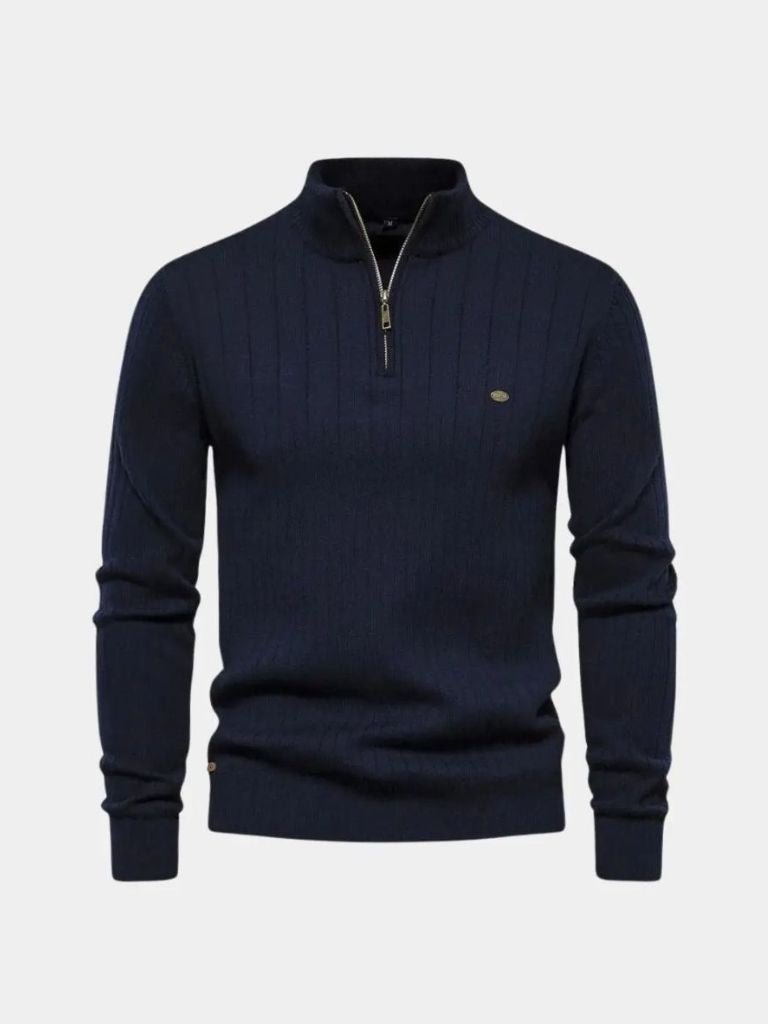 Daxon | Cotton Knit Vertical Stripes Quarter-Zip Sweater