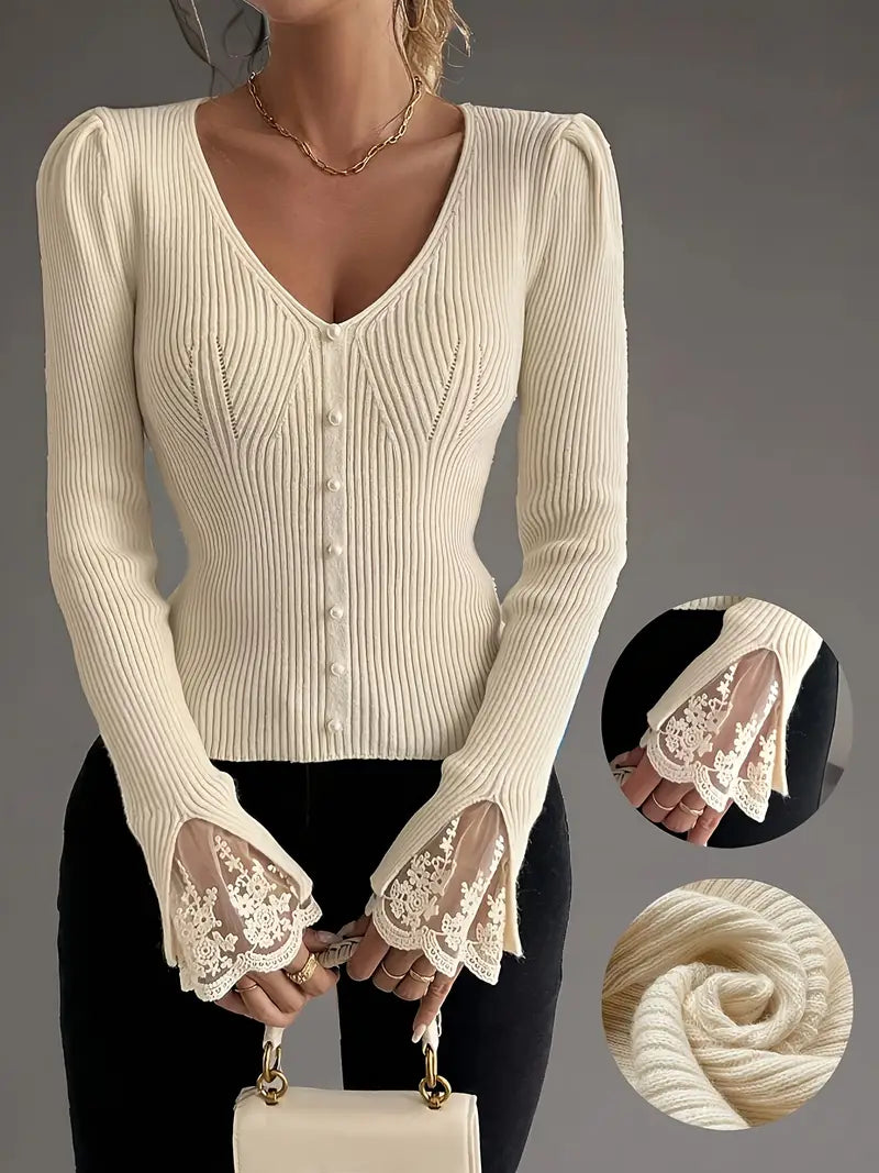 Ellison | Elegant Lace Sleeve Fitted Blouse
