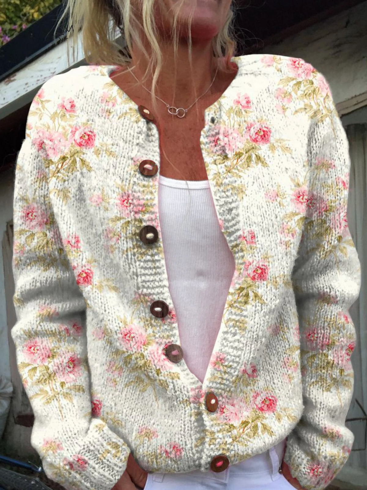 Clara | Up Cardigan Sweater with Fresh Pink Floral and Green Leaf Print