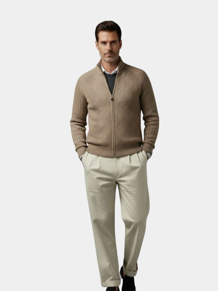 Dorian | Knit Zipper Jacquard Solid Color Cardigan Sweater