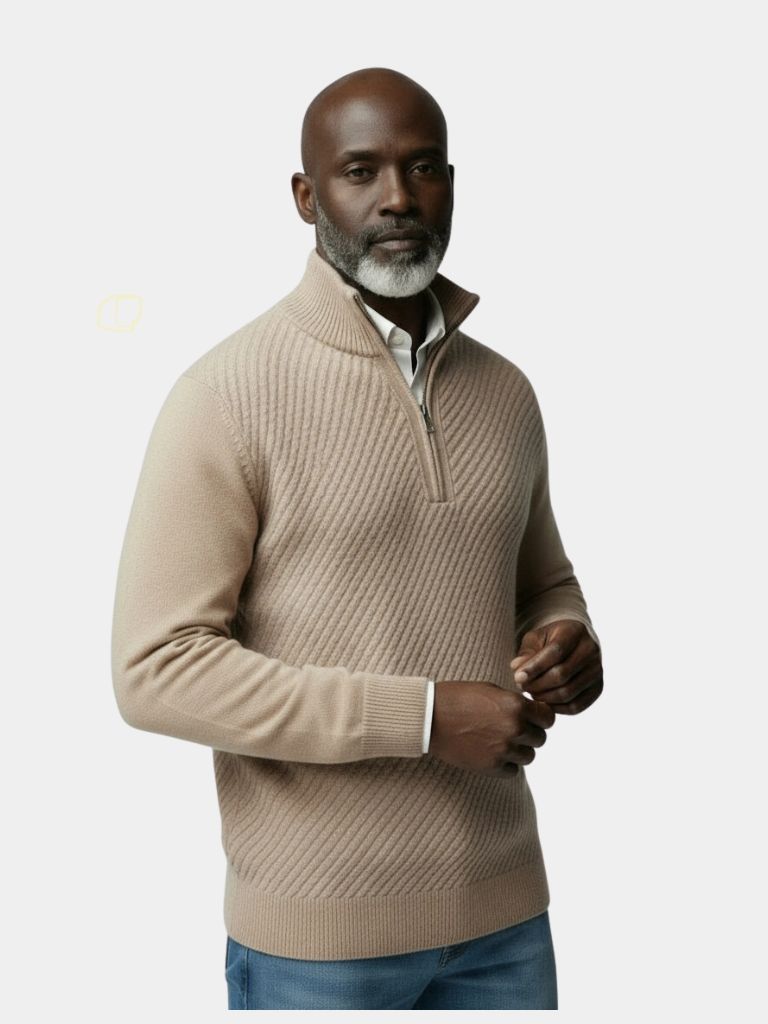 Stripe Quarter Zip Wool Sweater - Cross & Crown