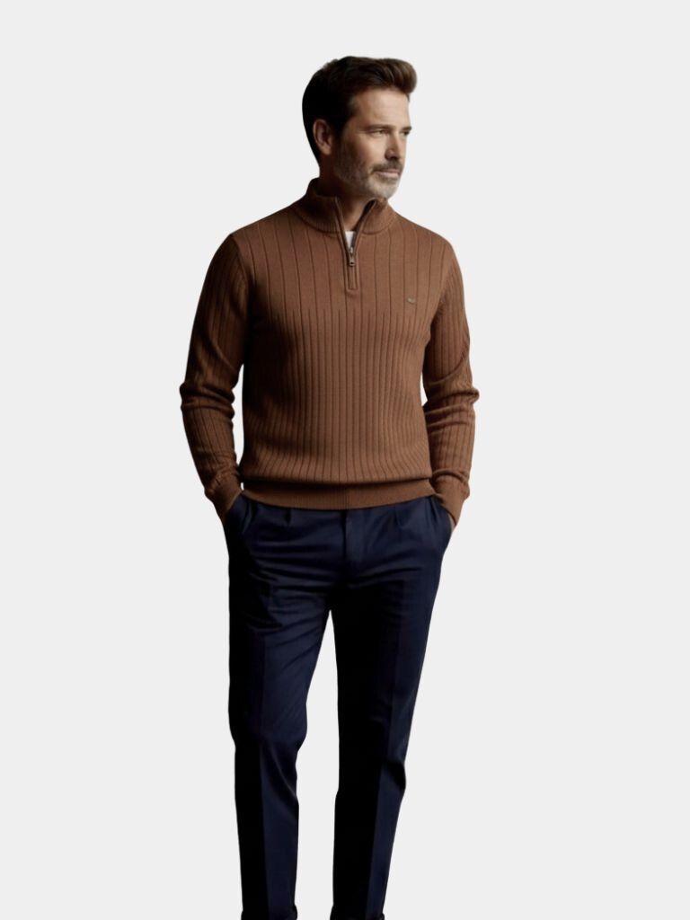 Daxon | Cotton Knit Vertical Stripes Quarter-Zip Sweater