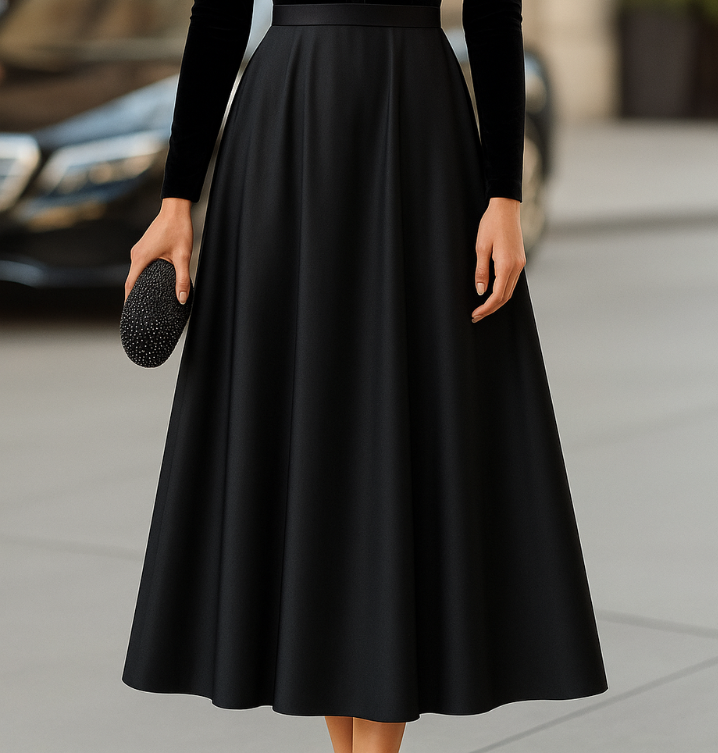 Ava | Chic Black Velvet and Satin Midi Dress