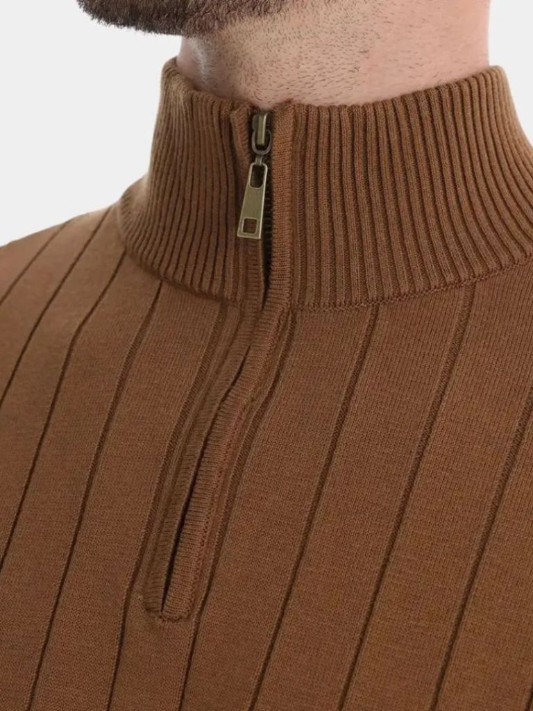 Daxon | Cotton Knit Vertical Stripes Quarter-Zip Sweater