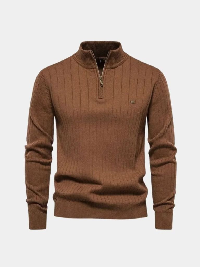 Daxon | Cotton Knit Vertical Stripes Quarter-Zip Sweater