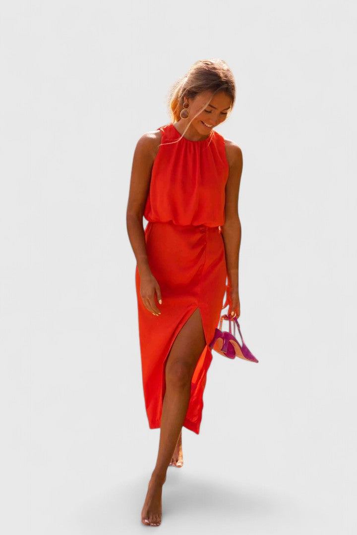 Brooklyn | Modern High-Neck Flowing Midi Dress